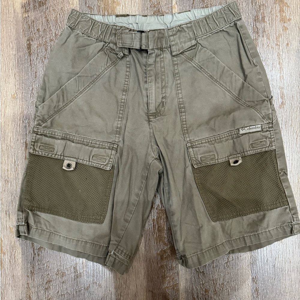 Columbia PFG Cargo Fishing Youth M Khaki Green Shorts Mesh Pockets Velcro Buckle